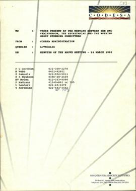 Fax to DMC: enclosing draft minutes for DMC, Secretariat and WGSC’s on 24 March 1992