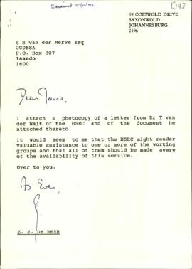 Correspondence between Dr T van der Walt of Human Sciences Research Council, Dr Z De Beer, SS van...