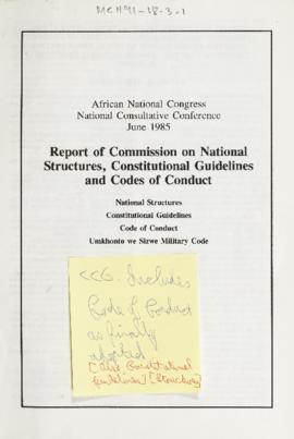 African National Congress, National Consultative Conference June 1985: Report of Commission on Na...