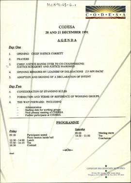 CODESA: 20 and 21 December 1991: Agenda