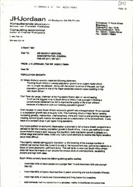 Copy of letter from JH Jordaan to Murphy Morobe re: Population Growth