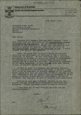 Letter from Pavl Wiles, editor of the International Journal of Criminology and Penology, to Profe...