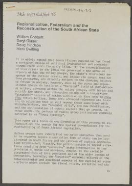 South African Labour Bulletin 10(5): Regionalisation, Federalism and Reconstruction of the South ...