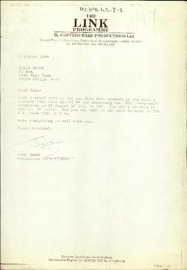 Letter from Production Co-ordinator Jane Inman of The Link Programme to Albie Sachs