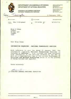 Letter from Department of National Education to Ms G Cohen - CODESA