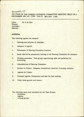 Agenda of Steering Committee meeting held on 4 December 1991 (as part of document entitled “Summa...