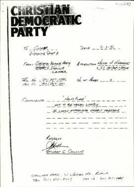 Copy of fax letter from The Christian Democratic Party dated to Mac Maharaj and Fanie v.d. Merwe ...