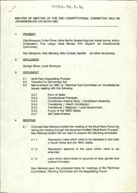 Minutes of Meeting of the ANC Constitutional Committee Held in Johannesburg on 08/05/1993