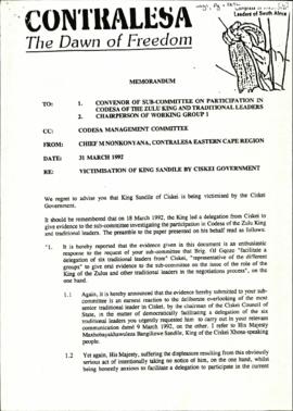 Contralesa re: representation of King Sandile at CODESA and victimization of King Sandile by Cisk...