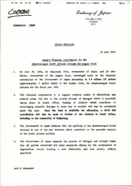 Copy of Press Release from Embassy of Japan to CODESA re: Japan’s Financial Contribution for the ...