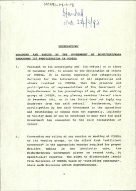 Reservations Recorded and Tabled by the Government of Bophuthatswana Regarding its Participation ...