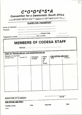 Claim for Transport for members of CODESA staff