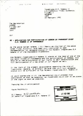 Chief Mabena II of Kwandebele (Attached are: a letter from the Sokhulumi Tribal Authority; a resp...