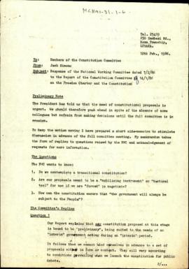 Response of the National Working Committee dated 7/2/86 to the Report of the Constitution Committ...