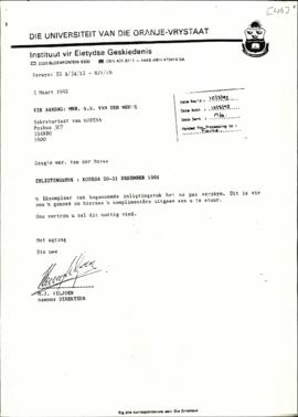 Copy of letter from Mr Viljoen of The University of Oranje Free State to SS Van Der Merwe re: Inf...