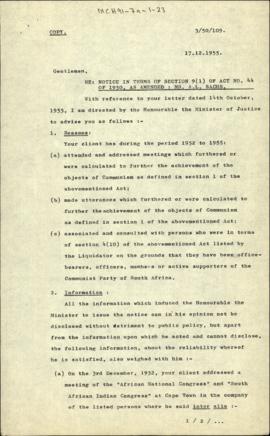 Re: Notice in Terms of Section 9(1) of Act No. 44 of 1950, As Amended: Mr. A.L. Sachs