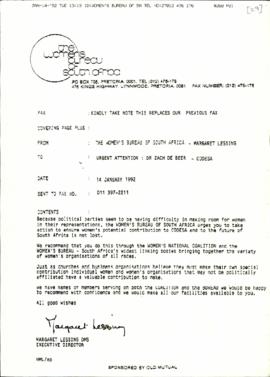 Correspondence between  Mrs Margaret Lessing of  Women’s Bureau of South Africa, Dr Z de Beer and...
