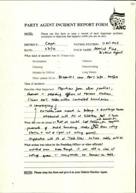 ANC Party Agent Incident Report for the Cape