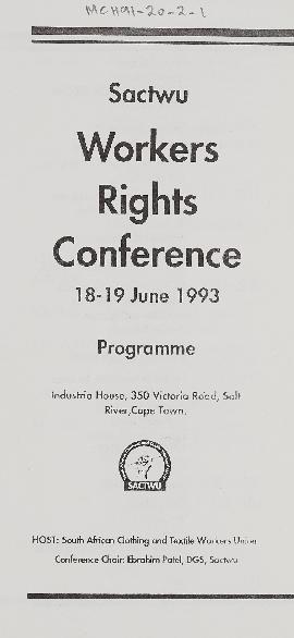 Sactwu Workers Rights Conference 18-19 June 1993: Programme