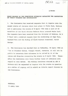 Press Release re: Commission being requested to inquire into the recent events of violence which ...