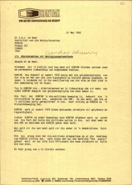Letter from Mrs Annemarie Nutt of Kontak to Dr Z de Beer re: Gender Advisory Committee