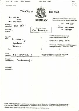 Fax from The City of Durban to the Secretary of CODESA re: List of Membership