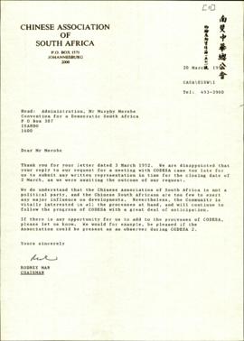 Letter from the Chinese Association of South Africa to Murphy Morobe re: Response to their letter...