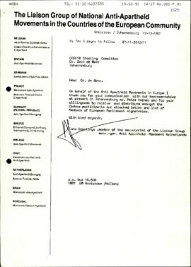 The Liaison Group of National Anti-Apartheid Movements of the European Community re: Letter of th...
