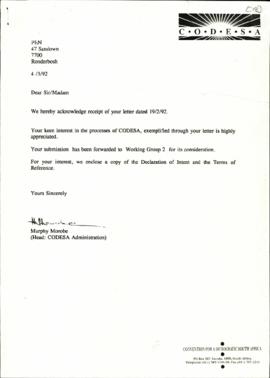 Correspondence between Murphy Morobe and P.E.N. re: Acknowledgement of receipt of letter and News...