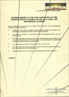 Interim report of the Subcommittee on the participation in CODESA of the Zulu King and traditiona...