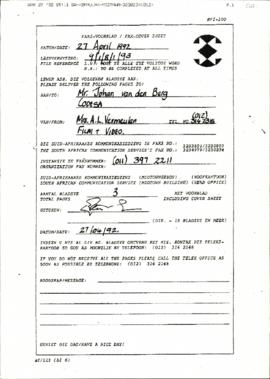 Copy of fax letter from Mrs AL Vermeulen of South African Communication Service to Janet Love re:...