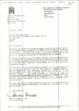 Fax letter from Jamiatul Ulama Transvaal – Lenasia Branch to Murphy Morobe and Pravin Gordhan re:...