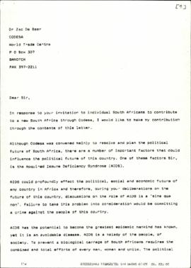 Copy of letter from Porf. R Sher to Dr Zac de Beer re: Response to invitation to individual South...