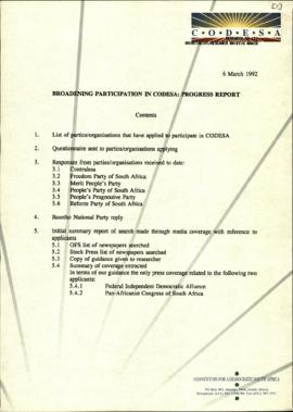 Research by Secretariat into Organisations applying to Participate in CODESA: Status Report draft...