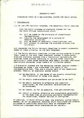 Democratic Party: Discussion Paper on a New Electoral System for South Africa
