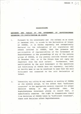 Reservations recorded and tabled by the Govt. of Bophuthatswana regarding its participation in CO...