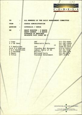 Fax to DMC: enclosing draft minutes for 2 March and Agenda for 9 March 1992