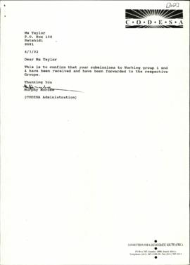 Copy of reply letter from Murphy Morobe to Ms Taylor of Mafikeng Anti Forum re: Acknowledgement o...