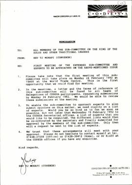 Memorandum from to all members of the Sub-committee on the Zulu King and other traditional leader...