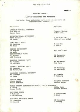 Working Group 1: List of Delegates and Advisers [and related documents]