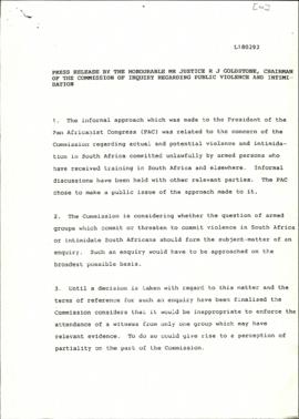 Draft Press Release by the Honourable  Mr Justice R J Goldstone, Chairman of the Commission of In...