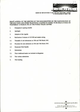 Agenda for the meeting of the Subcommittee on the participation of the King of the Zulus and othe...