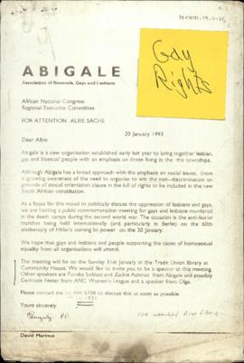 Correspondence between Abigale Association of Bisexuals, Gays and Lesbians and Albie Sachs