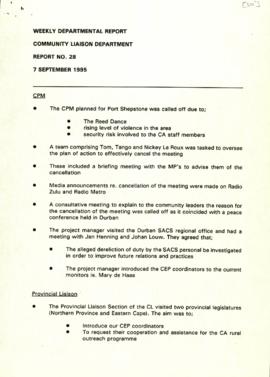 Community Liaison Department: Weekly Department Report; 28