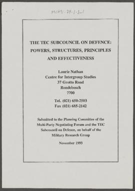 The TEC Sub Council on Defence: Powers, Structures, Principles and Effectiveness