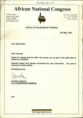 Letter from Annelise Andersen for the ANC informing Albie Sachs of his selection to represent the...