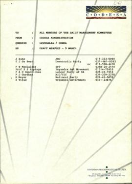 Fax to DMC: enclosing draft minutes for 9 March 1992