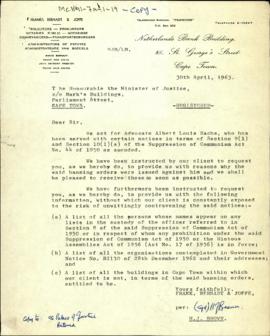 Letter from H.J. Brown of  Frank, Bernadt and Joffee to The Honourable Minister of Justice