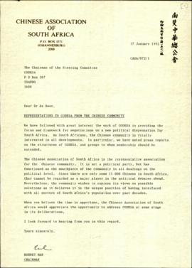 Copy of a letter from Chinese Association of South Africa to the Chairman of the Steering Committ...