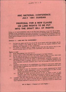 ANC National Conference July 1991 Durban: Proposal for a New Clause on Land Rights to be Put into...